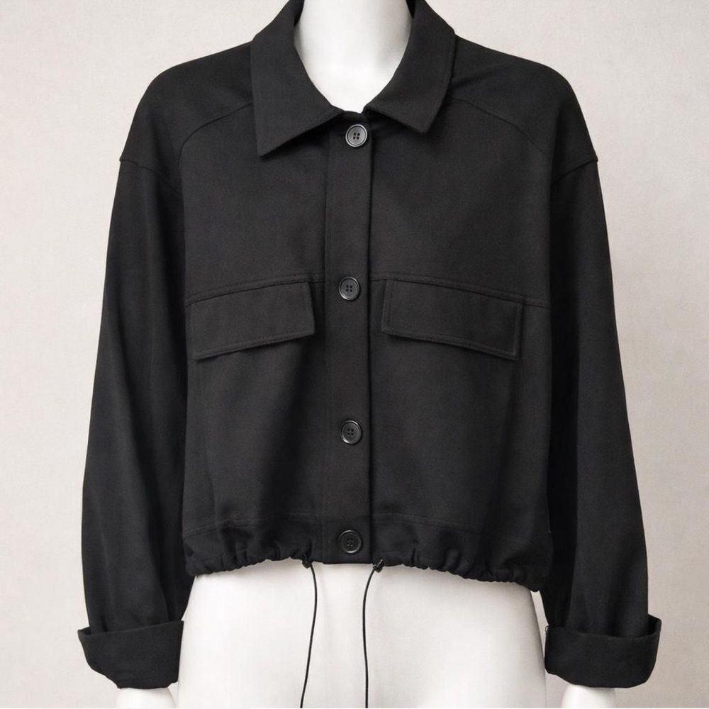 Max Studio London Cropped Black Jacket Drawstring Hem Y2K Med.